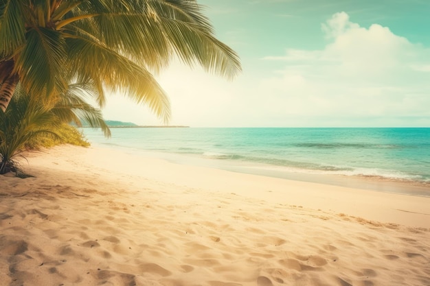 Sereen strand met een hoge palmboom en helderblauwe oceaan op de achtergrond Generatieve AI