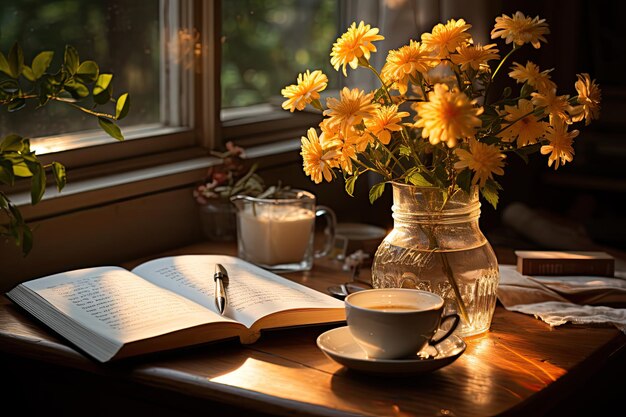 Serena afternoon tea book and golden dusk generative IA