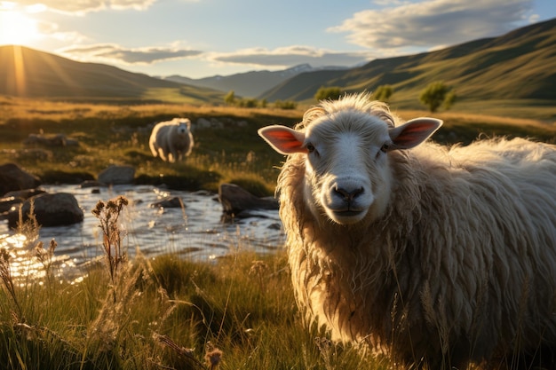 Serena sheep in a vast green plain at dusk generative IA