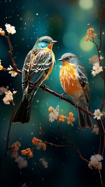 Серенада в лесу Две птицы, сидящие на цветущей ветви