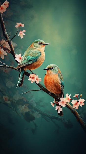 Серенада в лесу Две птицы, сидящие на цветущей ветви