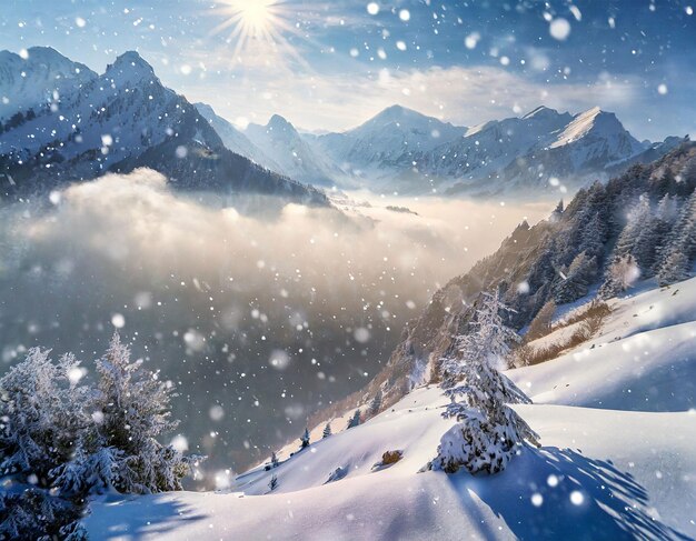 Foto serenata di neve, morbidi fiocchi di neve, cielo e nebbia montana