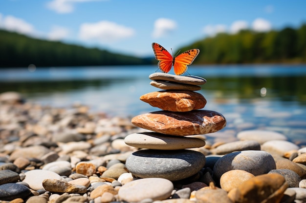 Photo serendipitous beauty stacked pebbles butterfly vibrant summer sky tranquil beach