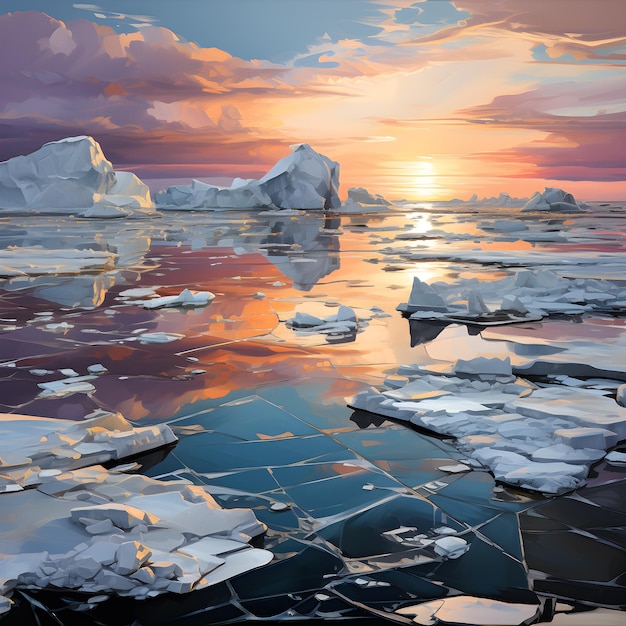 serene 2D landscape featuring iceberg set against calm horizon soft brushstrokes gentle hues