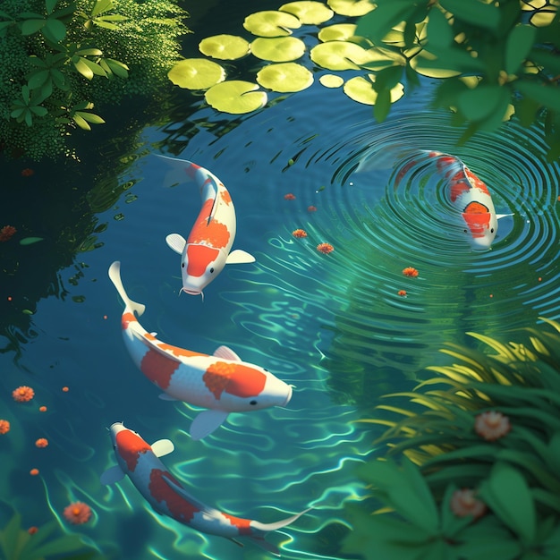 Foto serene 3d cartoon world elegant koi fish in tranquil pond