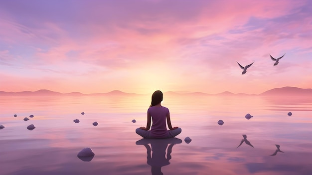 A serene 3D character practicing yoga on a tranquil beach at sunrise