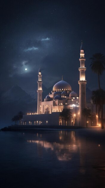 야간에 상징적인 모스크를 특징으로하는 조용한 4K 이미지