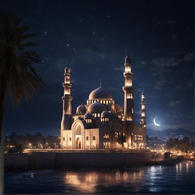 4K画像で夜のモスクを描いた画像です