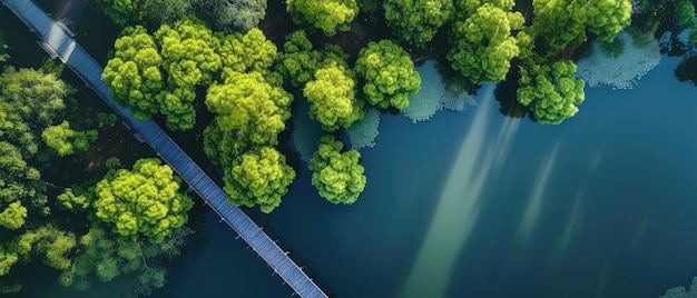 森 の 川 と 橋 の やかな 空から の 眺め