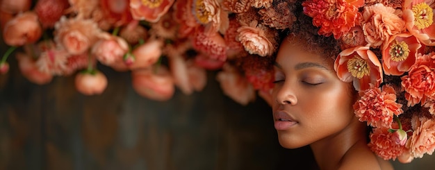 활기찬 꽃 가운데 있는 평화로운 아프리카계 미국인 아름다움