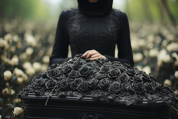 Serene afscheid Vrouw in het zwart bereikt kist witte rozen