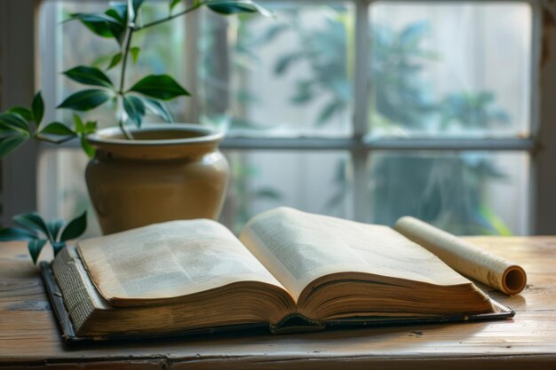 serene afternoon study session with open book and scroll on wooden table