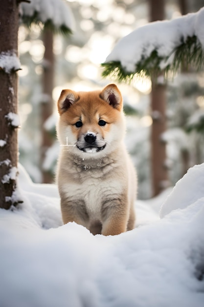 Serene Akita Puppy in het Sneeuwwinter Wonderland