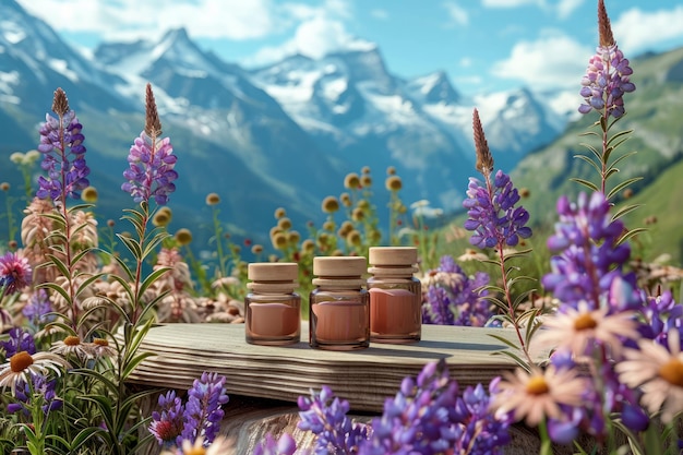 Serene Alpenlandschap met bloeiende bloemen en organische honingpotten op een houten tafel tegen de sneeuw