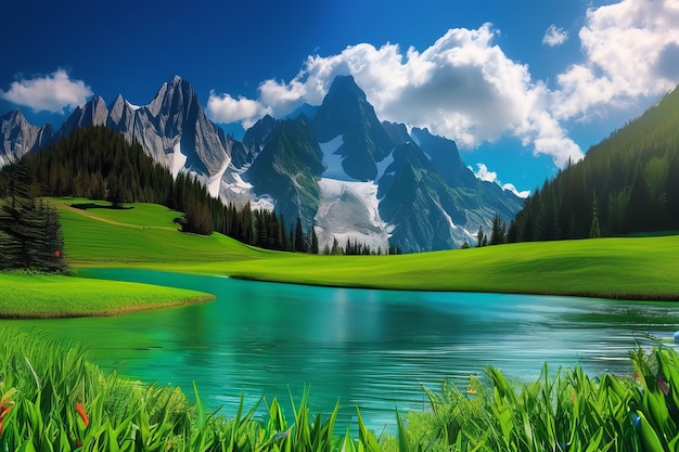 Serene Alpine Lake Majestic Mountains Reflecting in Crystal Waters