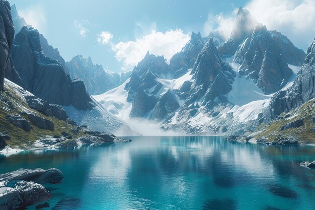 A serene alpine lake nestled between snowcapped pe