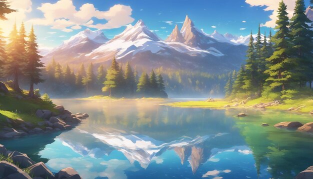 A serene alpine lake surrounded by snowcapped mountains pine trees and crystalclear reflections
