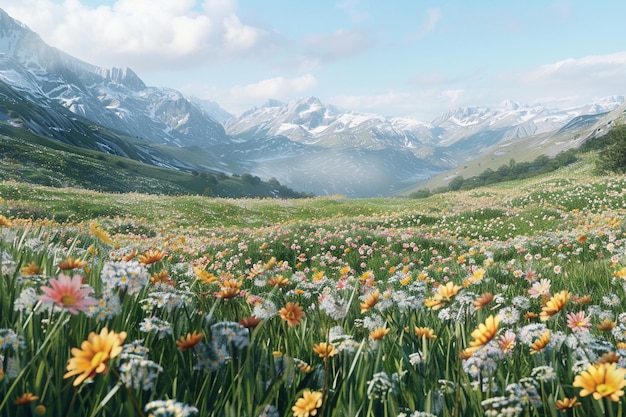 A serene alpine meadow carpeted with spring blooms