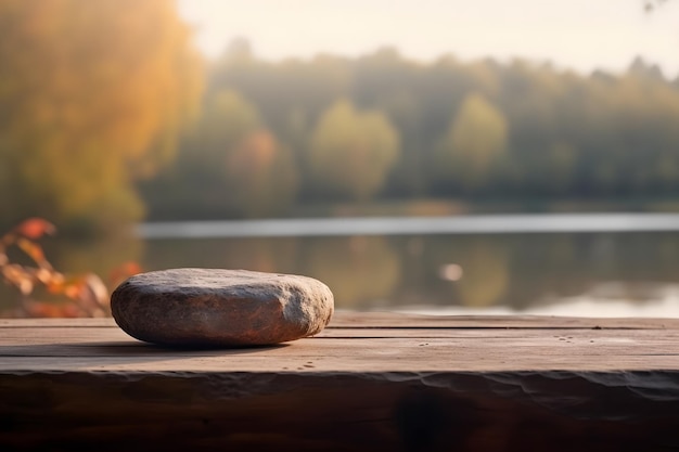 川の穏やかな雰囲気と静かな環境が空の石のテーブルを引き立てます ジェネレーティブ AI