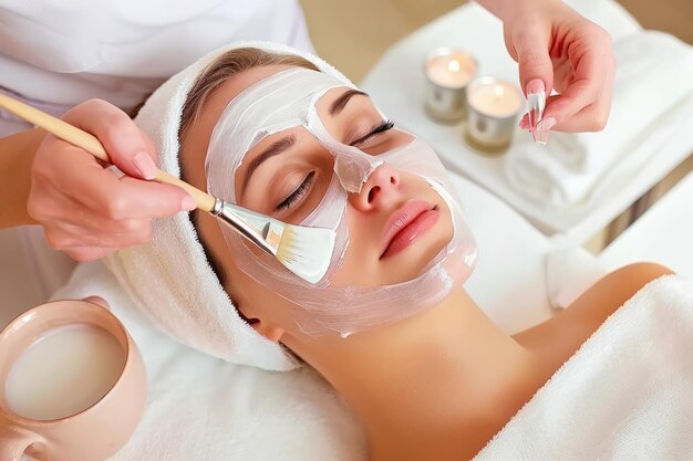 In the serene ambiance of a spa salon a cosmetologist carefully applies a moisturizing mask to a