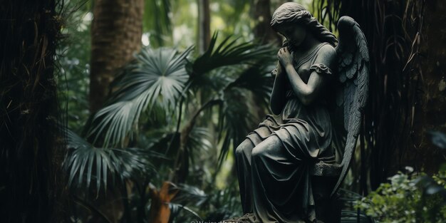 A serene angel statue nestled in the heart of a lush forest