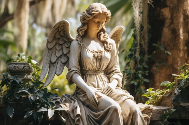 Serene angel statues guard historical monuments in peaceful cemetery landscapes