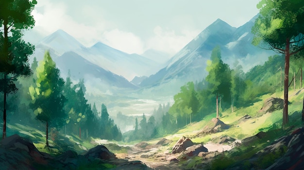 Serene aquarel boslandschap met majestueuze bergen pijnbomen en weelderig groen Generatieve AI