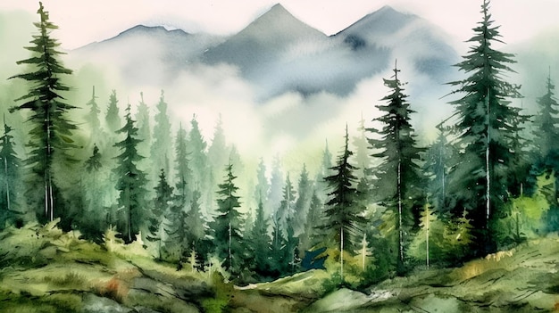 Serene aquarel boslandschap met majestueuze bergen pijnbomen en weelderig groen Generatieve AI