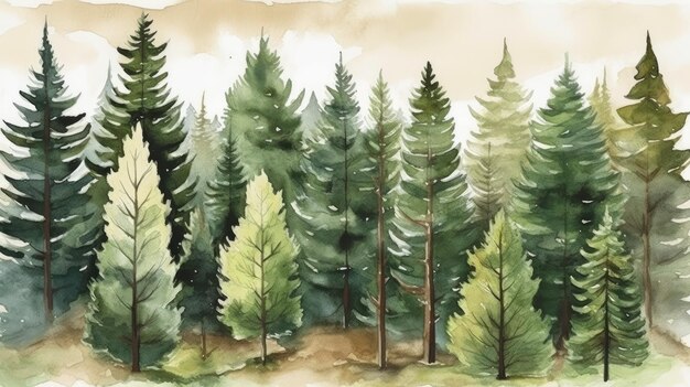 Serene aquarel landschap van pijnbomen in een groen bos