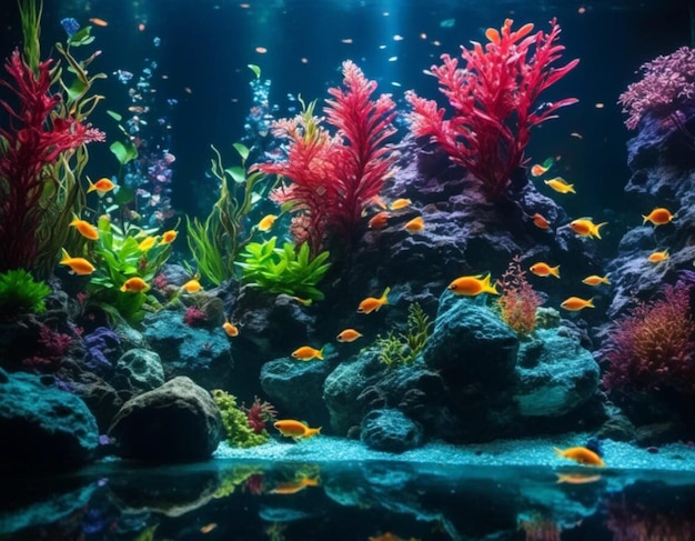 Serene aquarium met kristalblauw water versierd met levendige waterplanten en kleurrijke