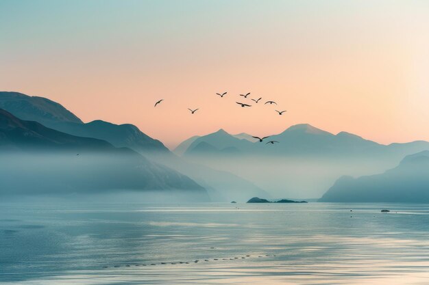 Photo serene arctic sunrise with birds over icy waters