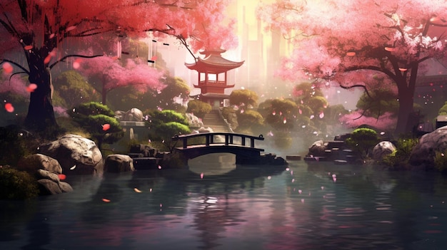 A serene asian garden with sakura trees pond and