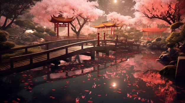사쿠라 나무와 연못이 있는 조용한 아시아 정원