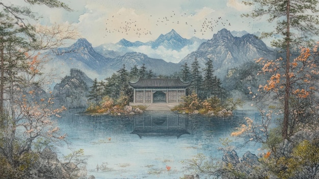 serene asian landscape painting of a pavilion on a misty lake with mountains