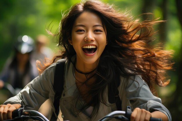 写真 麗なアジア人女性が魔法の森を通って自転車に乗っている