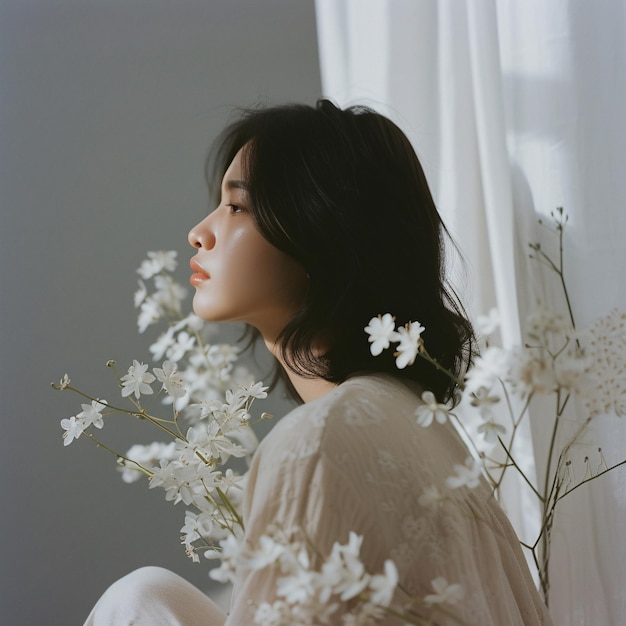 写真 やかな光で白い花のそばに座っている静かなアジア人女性生成人工知能