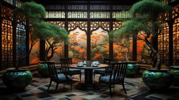 Photo serene asianstyle dining room with nature view