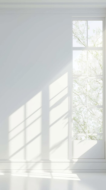 静かな囲気 太陽の光が窓を通って白い部屋に注がれる 垂直のモバイル壁紙