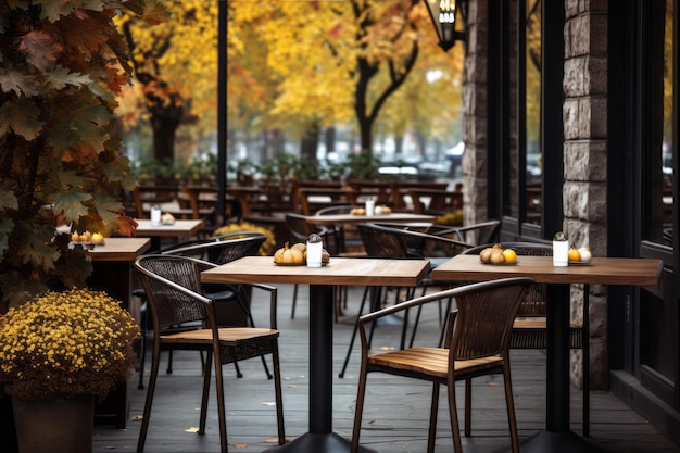 A Serene Autumn Ambiance A Snapshot of an Outdoor Restaurant with an Empty Table Black Chairs and