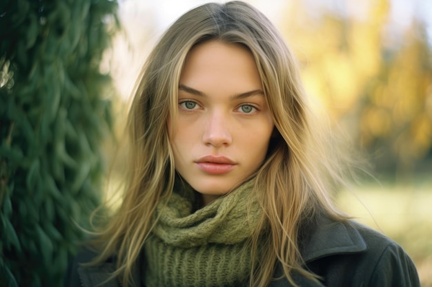 Serene Autumn Beauty CloseUp of Young Woman Among Fall Leaves