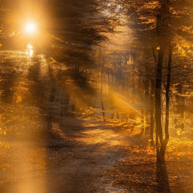 Foto sereno sentiero nel bosco autunnale illuminato da raggi di sole dorati