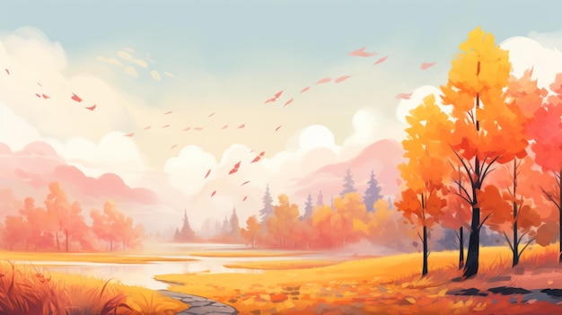 Serene autumn landscape colorful trees and falling leaves