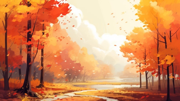 写真 色鮮やかな葉が落ちる穏やかな秋の風景イラスト