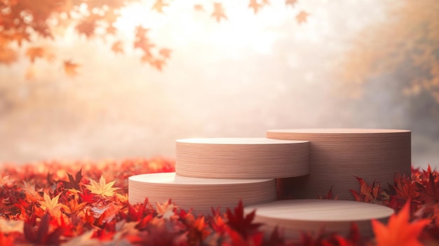 a serene autumn setting with wooden platforms surrounded by colorful maple leaves