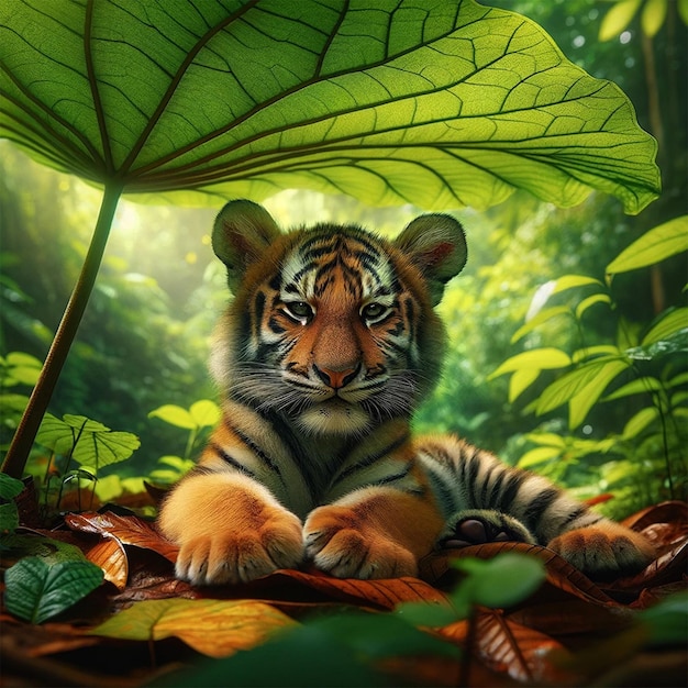 Photo a serene baby tiger lounging under the shelter of a large leaf