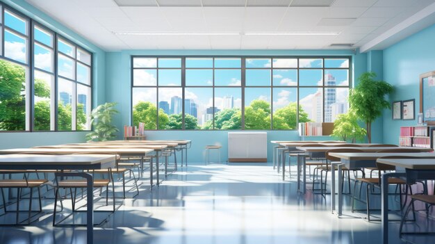 A serene background depicting a minimalist classroom