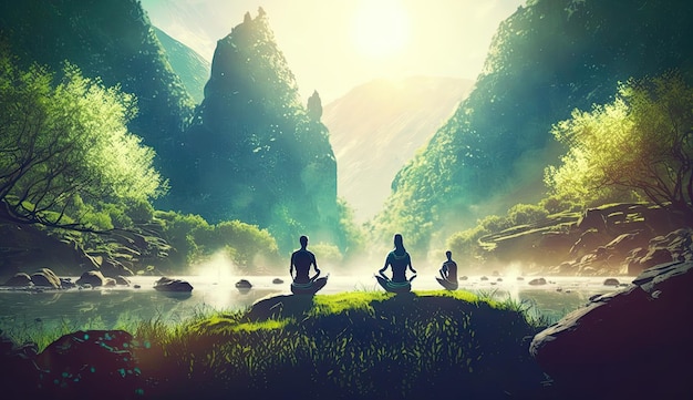 In the serene background of nature people practice yoga to connect with their mind body and breath as they stretch strengthen Generated by AI