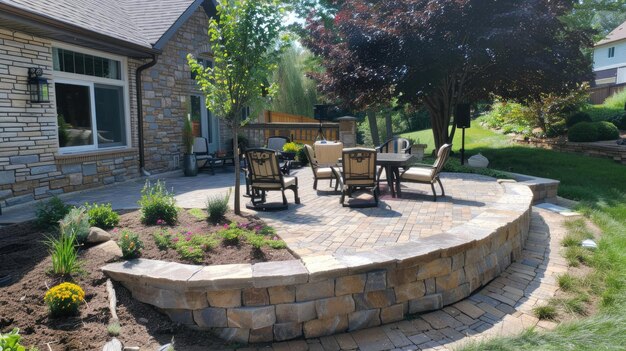 Serene Backyard Garden with Retaining Wall