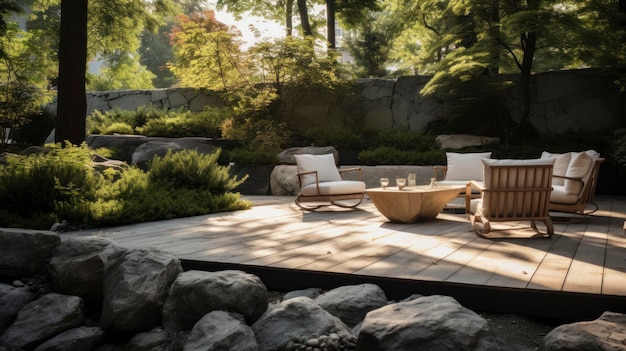 Serene backyard with rock garden and minimalist seating outdoor design