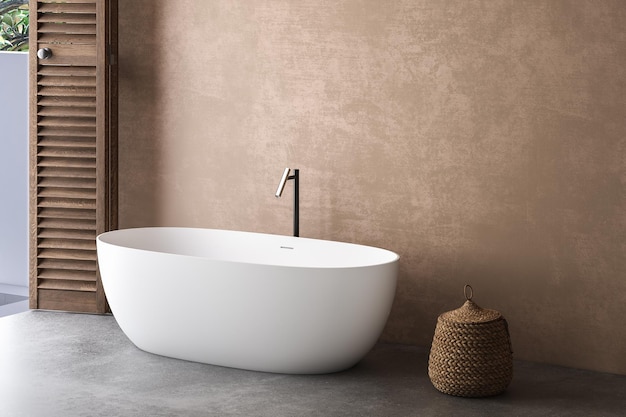 Безмятежная ванная комната с бежевыми стенами и бетонным полом. Естественный свет проникает сбоку, освещая белую ванну и корзину. Идеальное сочетание минимализма и теплоты 3D-рендеринга.